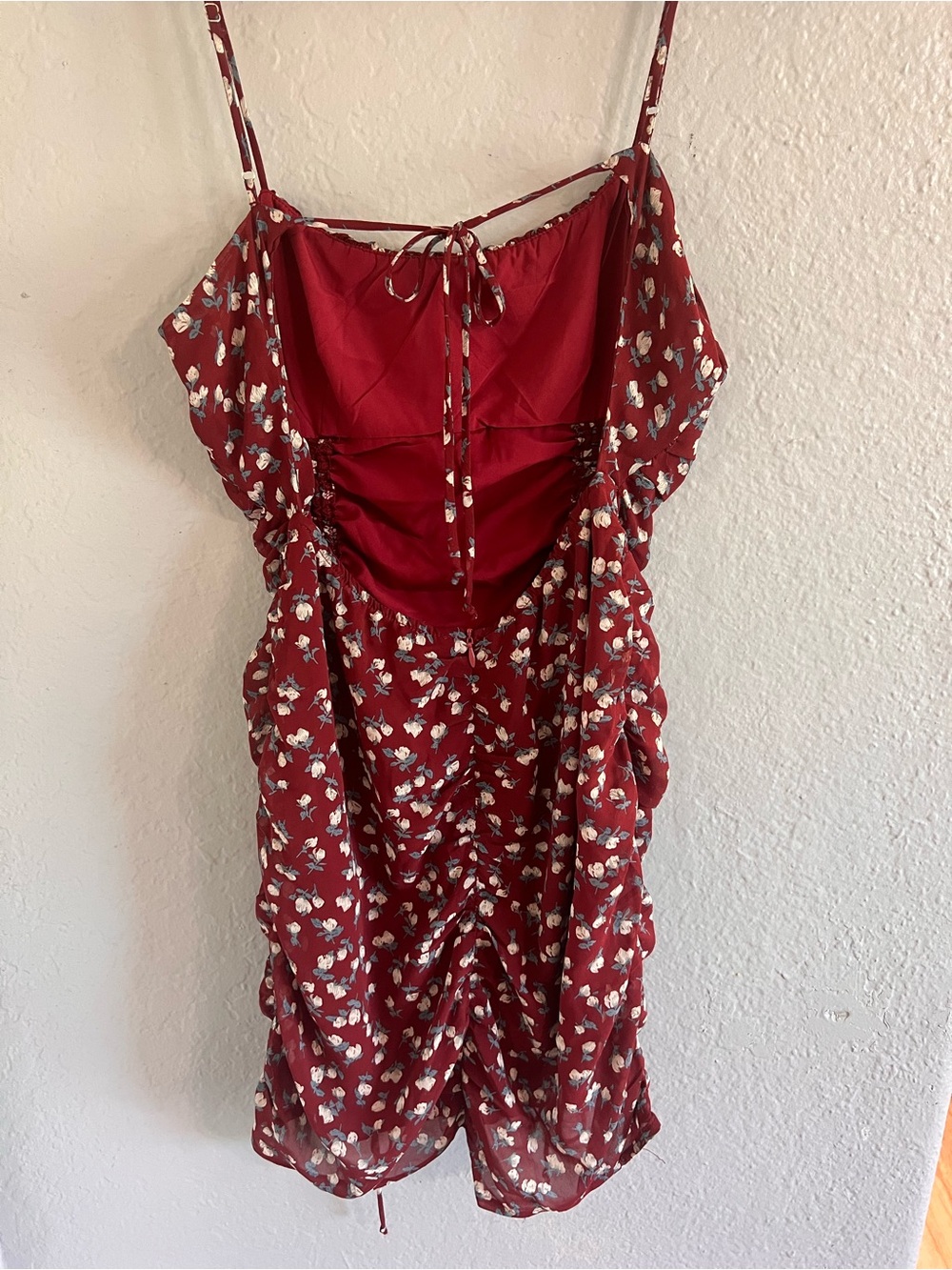 Cotton Candy Burgundy Floral Ruched Spaghetti-Strap Mini Dress - Picture 5 of 6